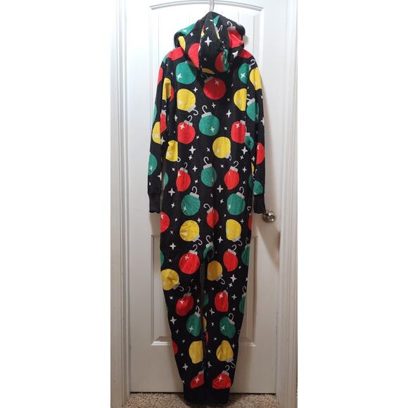 NWT Tipsy Elves Black Colorful Christmas Ornaments Fleece Jumpsuit Hoodie Mens L - Picture 6 of 8